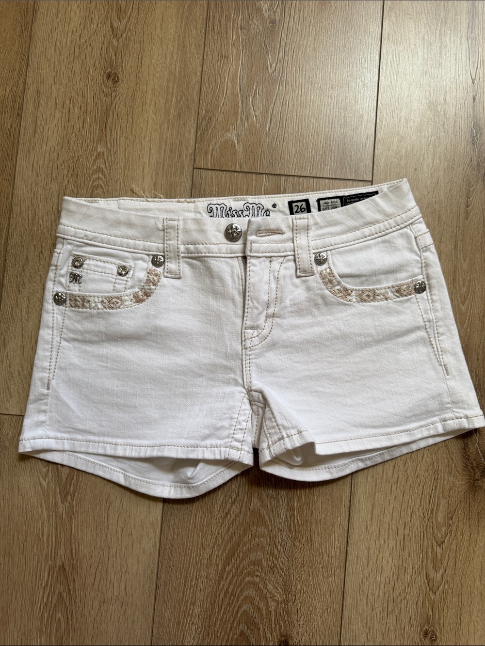 Miss Me White Denim Shorts with Embellished Pocket Trim